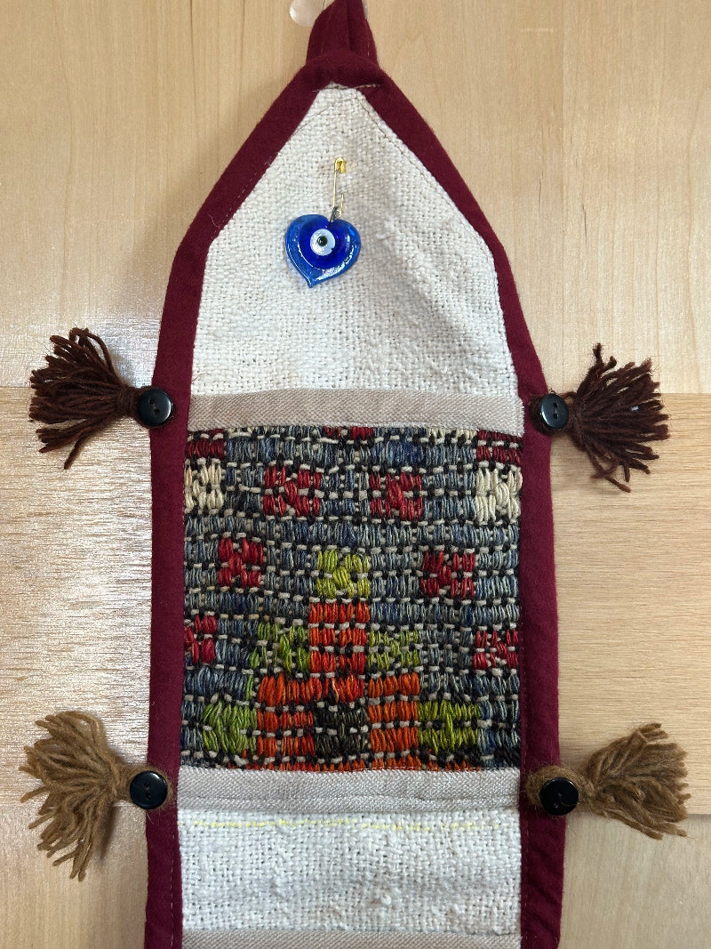Handmade Turkish Kilim Wall Organizer – Colorful 3-Pocket Hanging Storage with Tassels and Evil Eye Charm – Boho and Eclectic Home Decor Accent