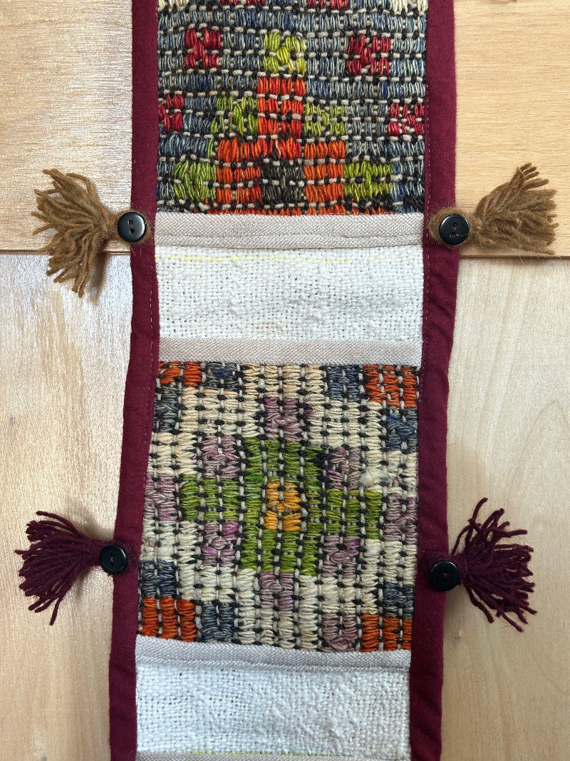 Handmade Turkish Kilim Wall Organizer – Colorful 3-Pocket Hanging Storage with Tassels and Evil Eye Charm – Boho and Eclectic Home Decor Accent