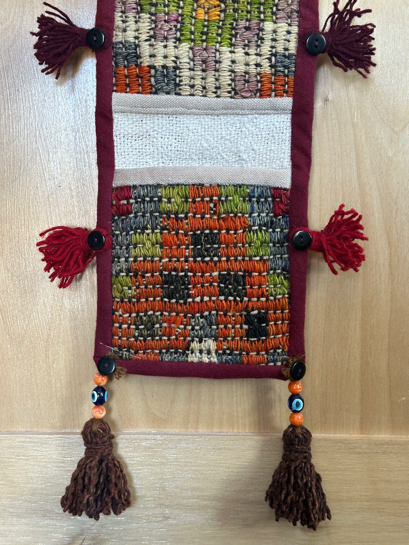 Handmade Turkish Kilim Wall Organizer – Colorful 3-Pocket Hanging Storage with Tassels and Evil Eye Charm – Boho and Eclectic Home Decor Accent