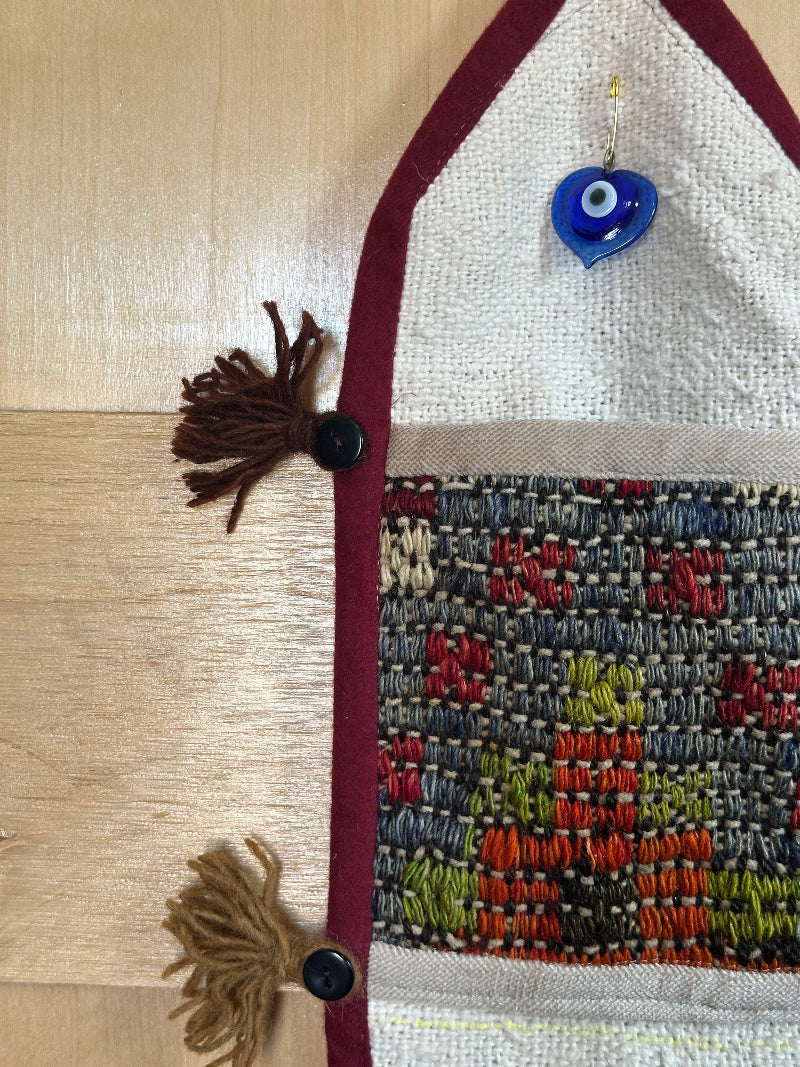 Handmade Turkish Kilim Wall Organizer – Colorful 3-Pocket Hanging Storage with Tassels and Evil Eye Charm – Boho and Eclectic Home Decor Accent