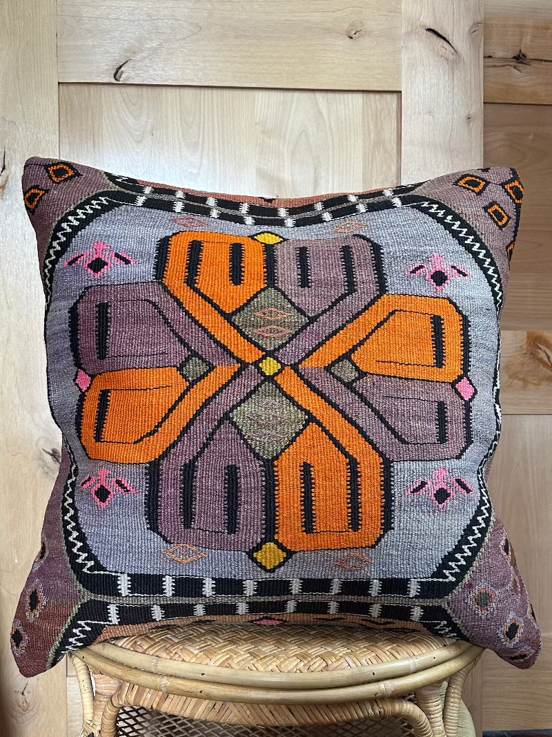 Vintage Turkish Kilim Pillow Cover – Handwoven Wool Cushion with Bold Orange, Purple, and Pink Geometric Floral Design – Boho, Global, and Eclectic Home Decor Accent