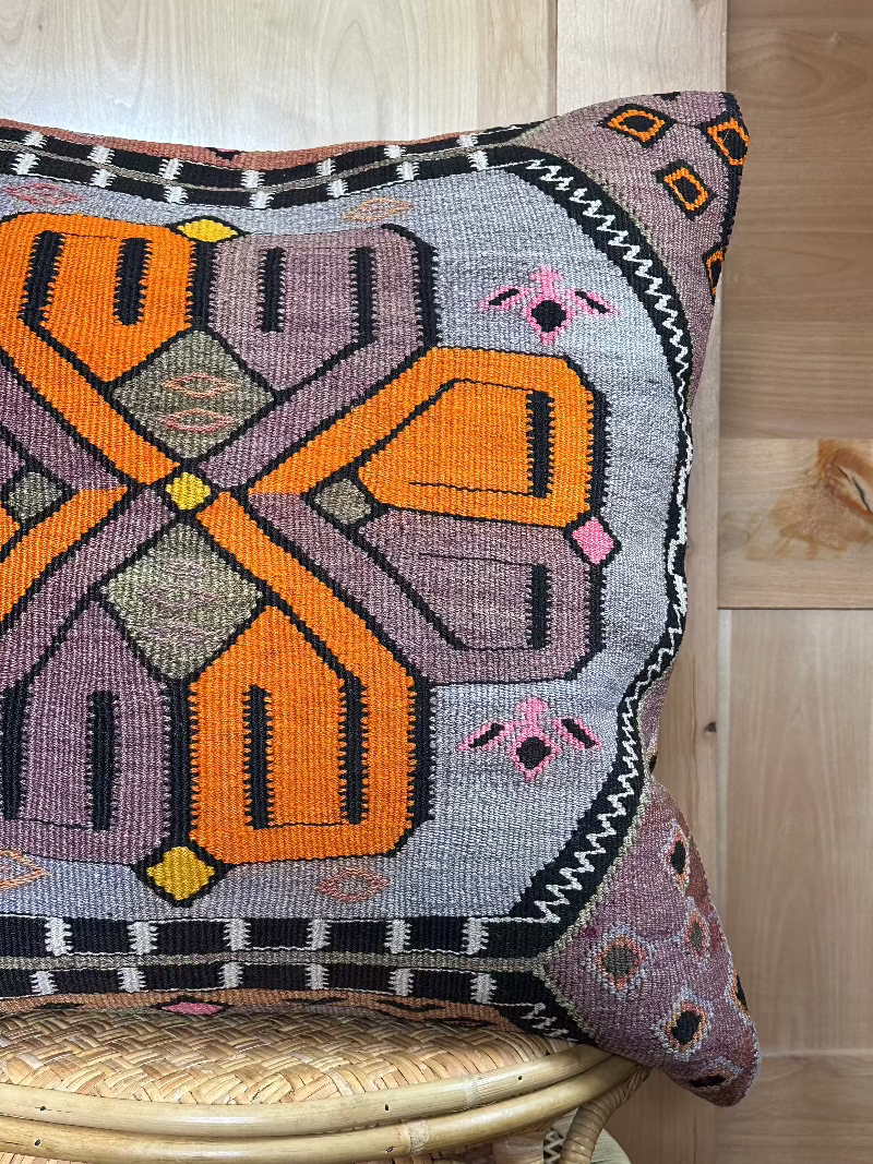 Vintage Turkish Kilim Pillow Cover – Handwoven Wool Cushion with Bold Orange, Purple, and Pink Geometric Floral Design – Boho, Global, and Eclectic Home Decor Accent