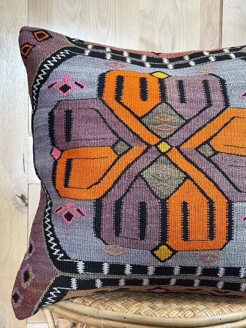 Vintage Turkish Kilim Pillow Cover – Handwoven Wool Cushion with Bold Orange, Purple, and Pink Geometric Floral Design – Boho, Global, and Eclectic Home Decor Accent