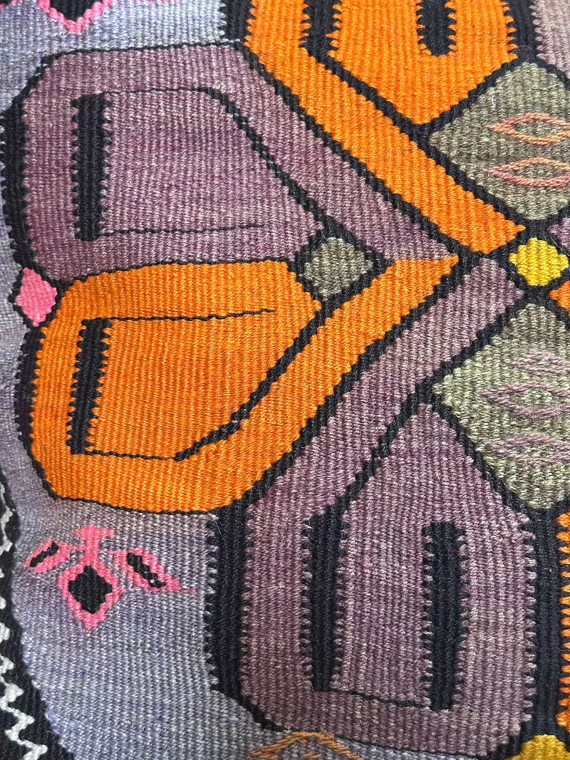 Vintage Turkish Kilim Pillow Cover – Handwoven Wool Cushion with Bold Orange, Purple, and Pink Geometric Floral Design – Boho, Global, and Eclectic Home Decor Accent