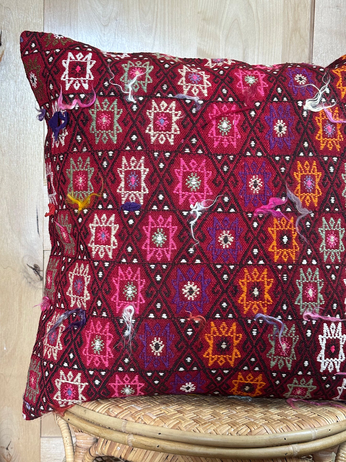 Red Embroidered Turkish Throw Pillow with Wish Knots #1, 26x26