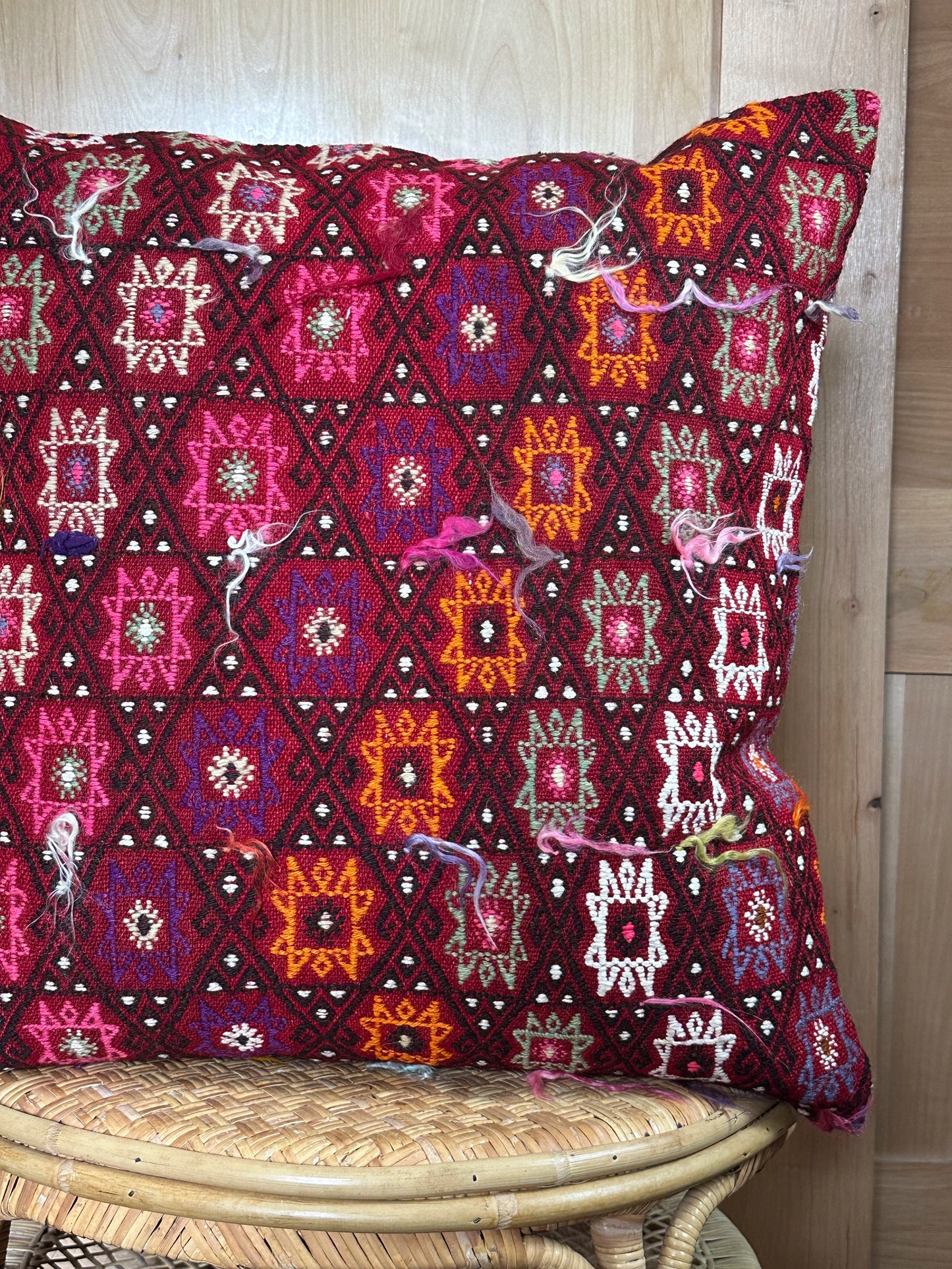 Red Embroidered Turkish Throw Pillow with Wish Knots #1, 26x26