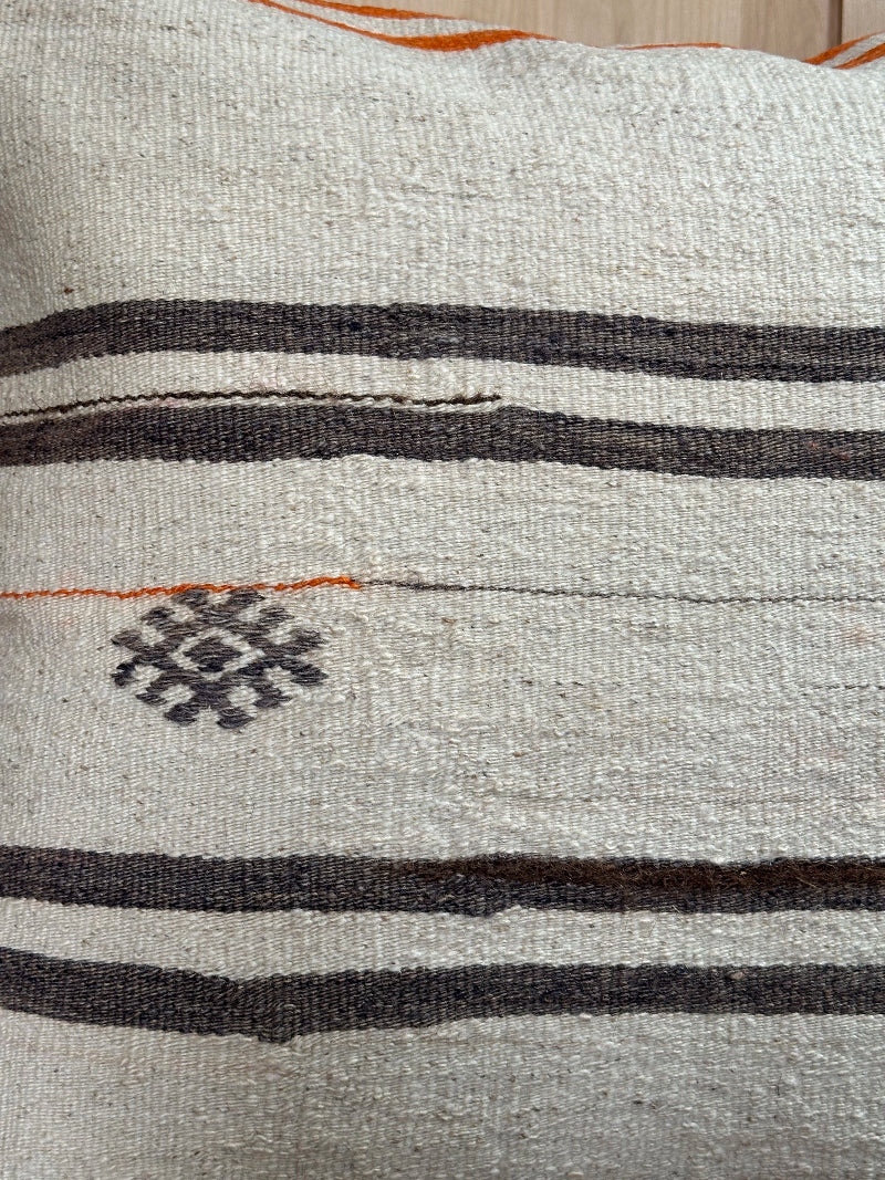 Minimalist Turkish Kilim Pillow Cover – Handwoven Wool Cushion in Ivory with Burnt Orange and Charcoal Gray Tribal Stripes – Modern Boho and Southwestern Home Decor
