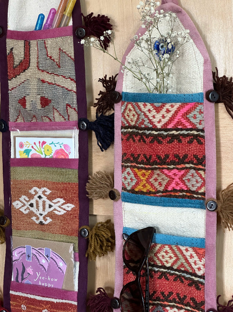 Handmade Turkish Kilim Wall Organizer – Colorful 3-Pocket Hanging Storage with Tassels and Evil Eye Charm – Boho and Eclectic Home Decor Accent