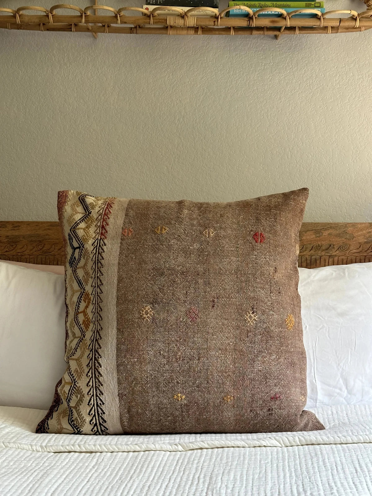 26 by 26 handmade Turkish throw pillow in a beautiful natural wool color and embroidered right side with cream and other colors