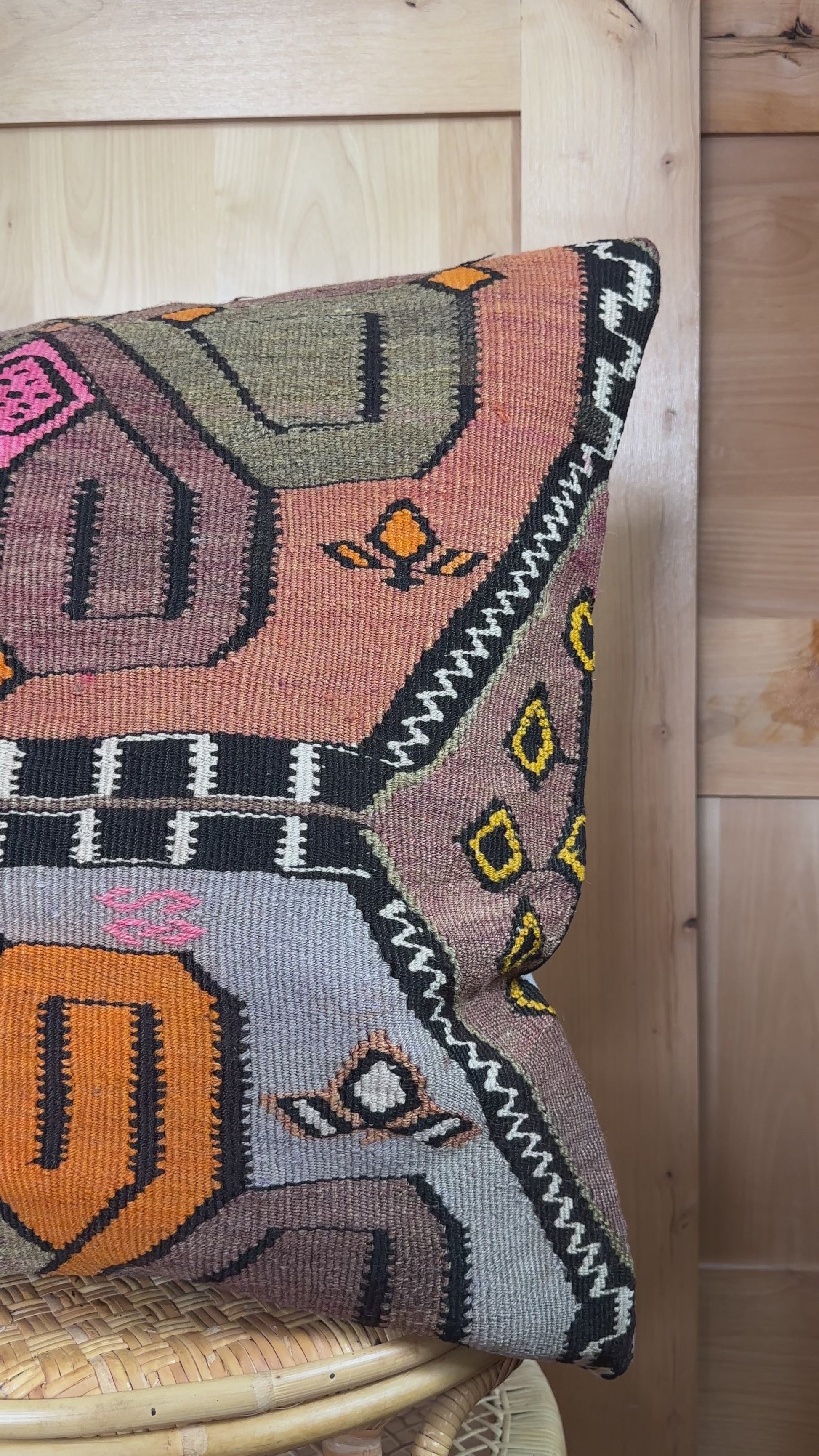 Vintage Turkish Kilim Pillow Cover – Handwoven Wool Cushion with Bold Orange, Purple, and Pink Geometric Floral Design – Boho, Global, and Eclectic Home Decor Accent