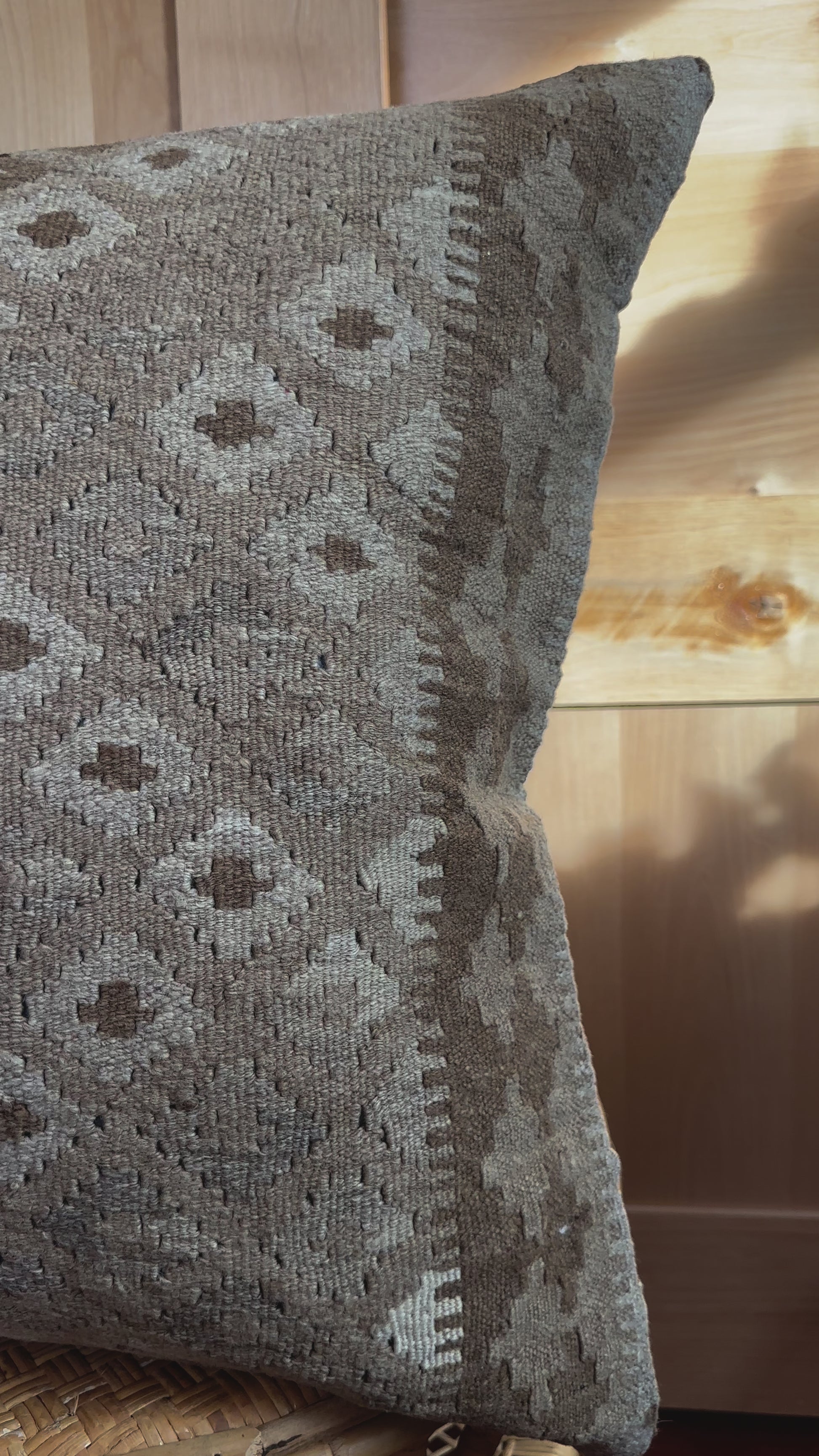 Handwoven neutral Turkish throw pillow, 26x26 inches, wool front with repeating geometric design, cotton backing—boho home decor.