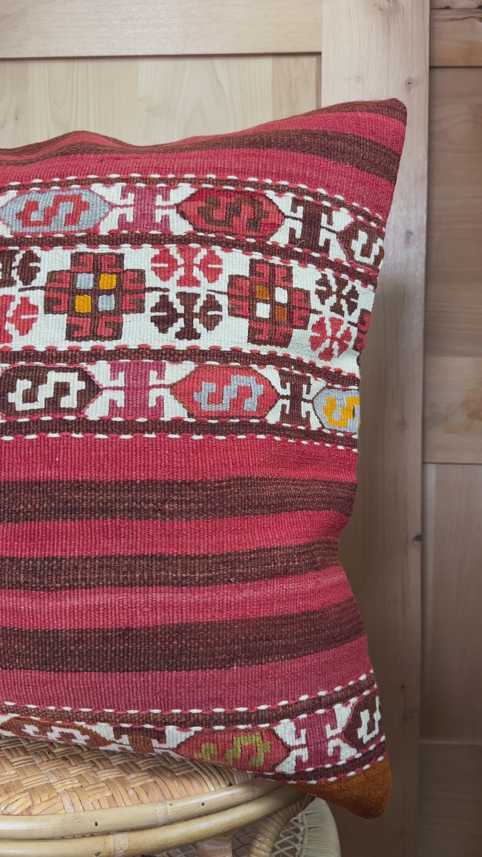 Handwoven Turkish Kilim Pillow Cover – Vintage Wool Cushion with Red and Brown Stripes and Traditional Anatolian Motifs – Boho, Rustic, and Global Home Decor