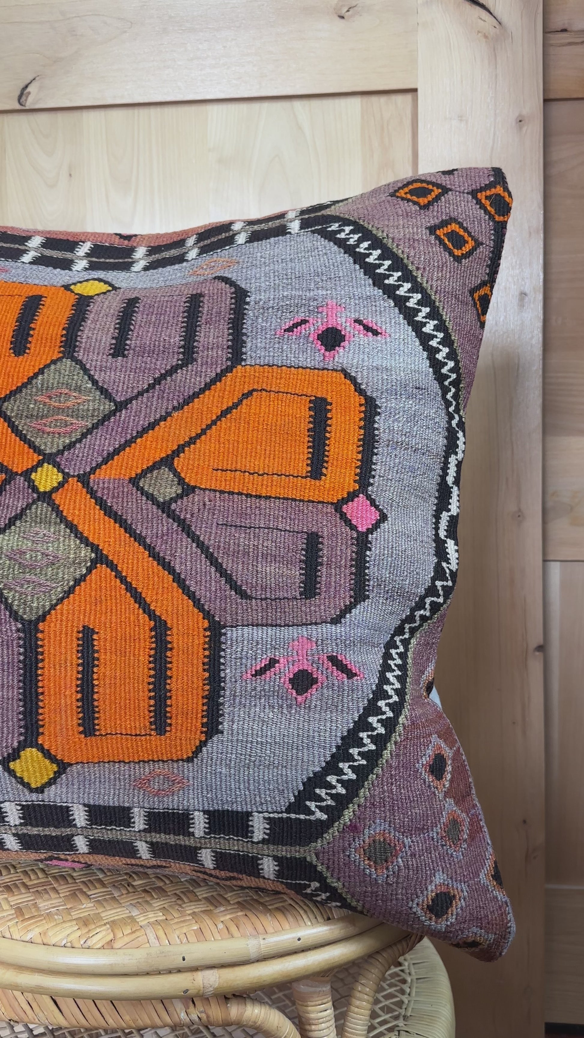 Vintage Turkish Kilim Pillow Cover – Handwoven Wool Cushion with Bold Orange, Purple, and Pink Geometric Floral Design – Boho, Global, and Eclectic Home Decor Accent