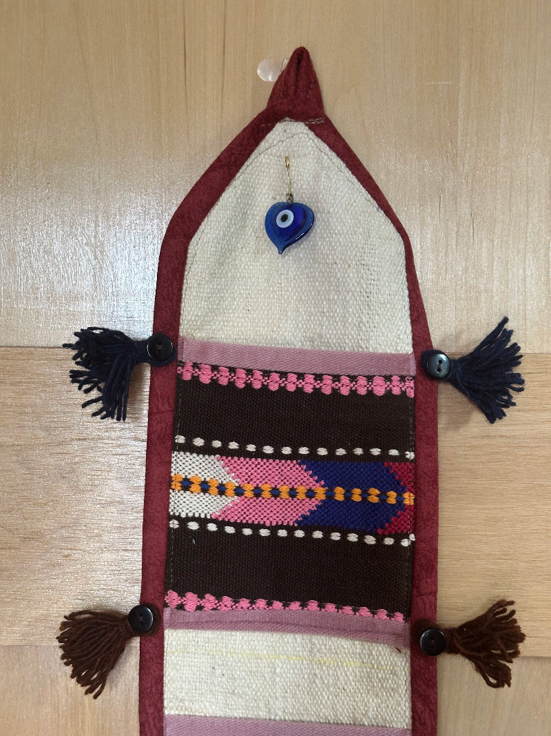 hot pink, black and maroon colored fabric 3 pocket wall organizer and accessory made from turkish rug fragments