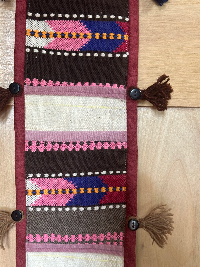 hot pink, black and maroon colored fabric 3 pocket wall organizer and accessory made from turkish rug fragments