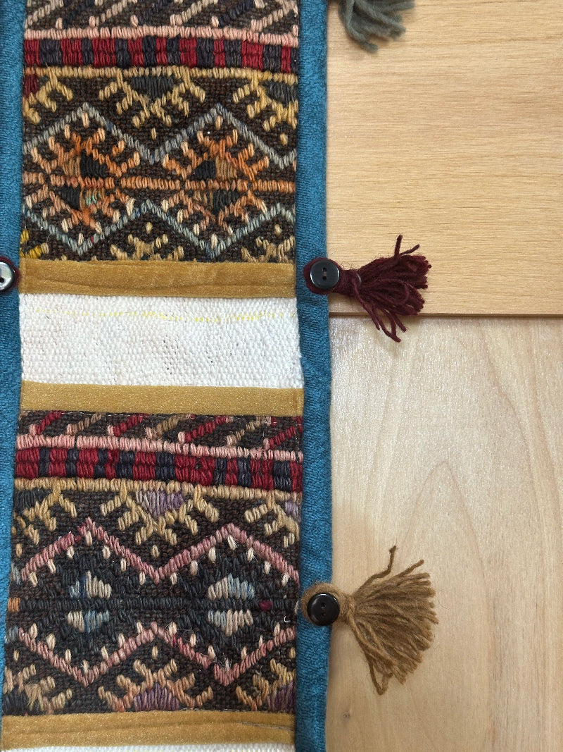 mustard, charcoal and teal colored fabric 3 pocket wall organizer and accessory made from turkish rug fragments
