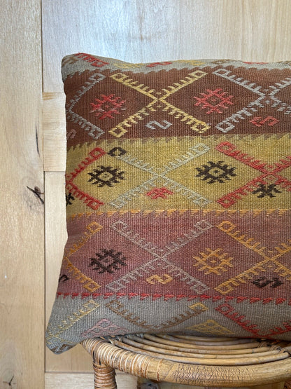 20 by 20 striped yellow, light blue, brown and pink embroidered turkish kilim throw pillow