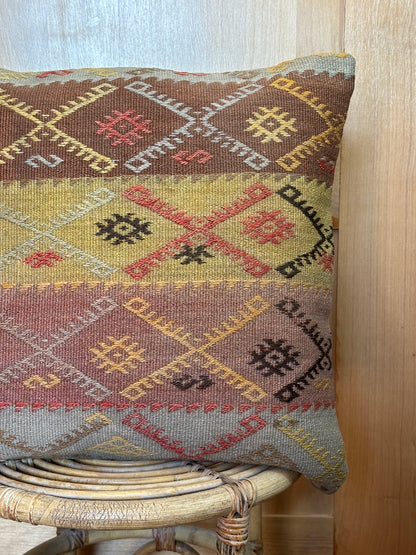20 by 20 striped yellow, light blue, brown and pink embroidered turkish kilim throw pillow