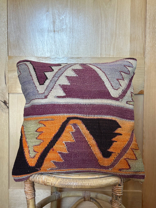 16 by 16 purple and orange geometric turkish kilim throw pillow