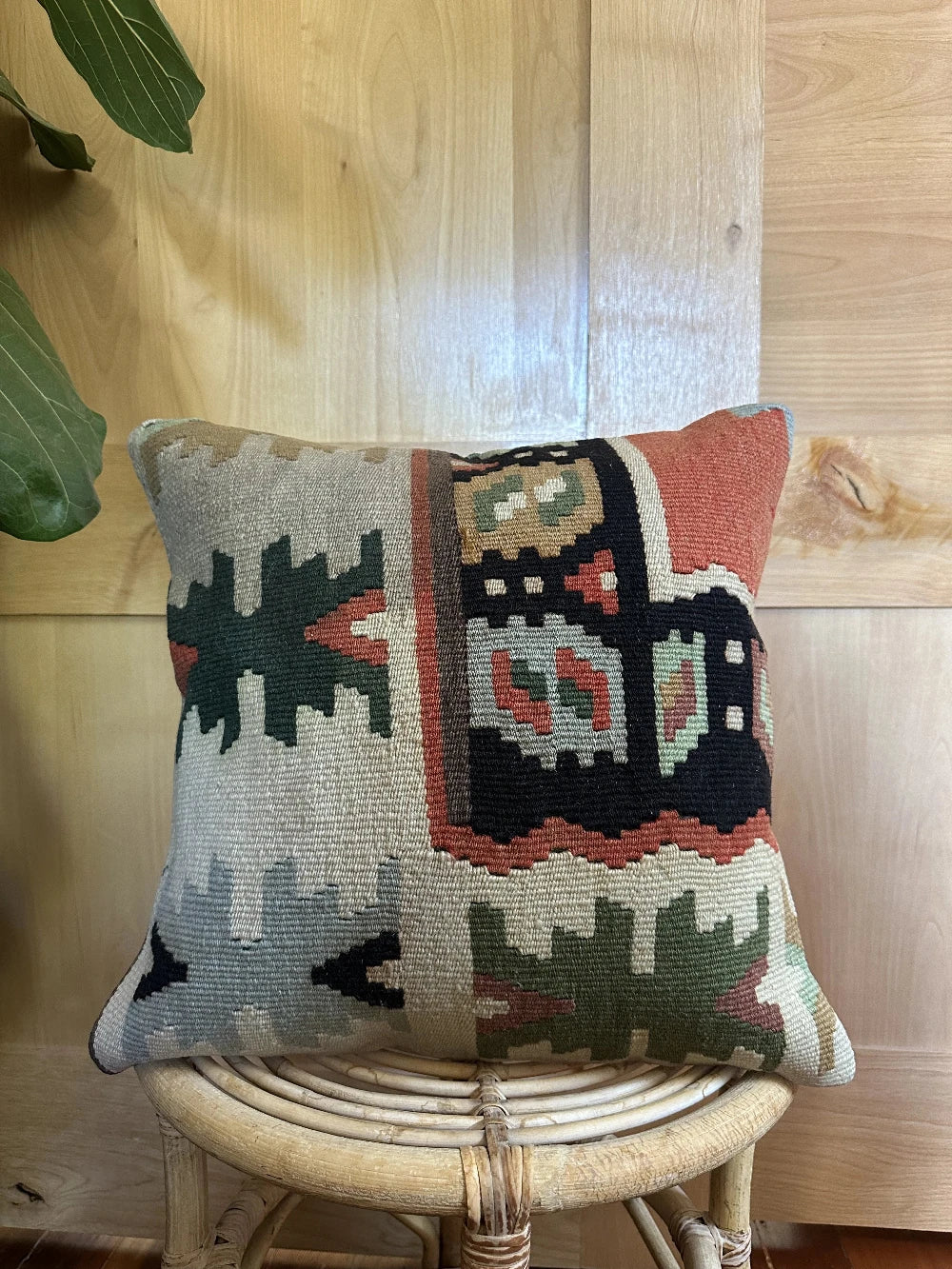 16 by 16 geometric turkish throw pillow featuring pops of dark green, rust and robins egg blue