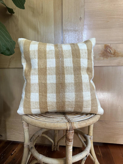 16 by 16 neutral cream and sand turkish throw pillow featuring a plaid pattern