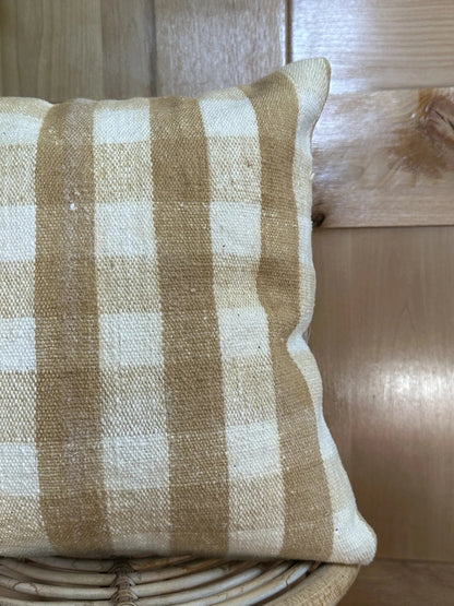 16 by 16 neutral cream and sand turkish throw pillow featuring a plaid pattern