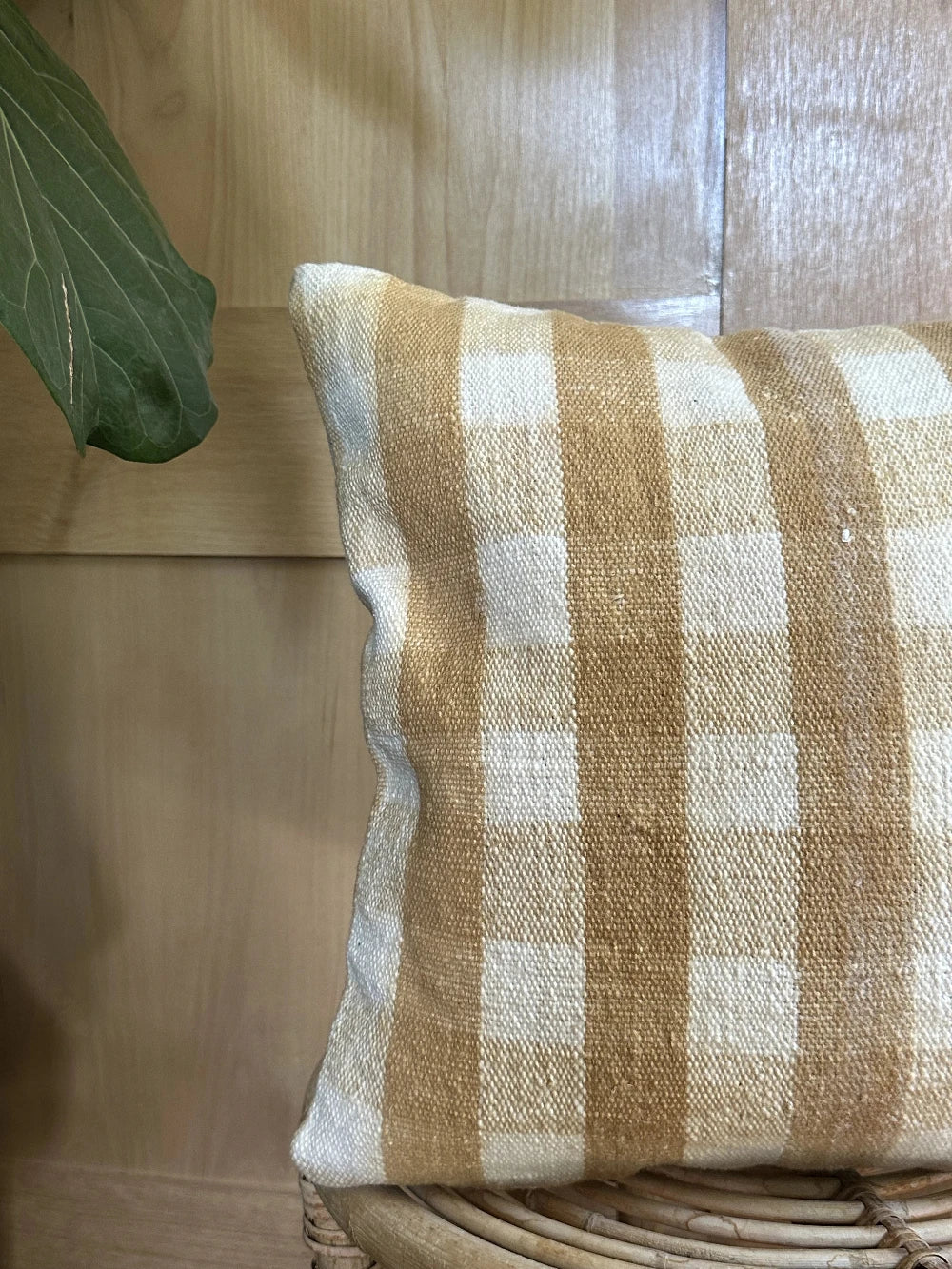 16 by 16 neutral cream and sand turkish throw pillow featuring a plaid pattern