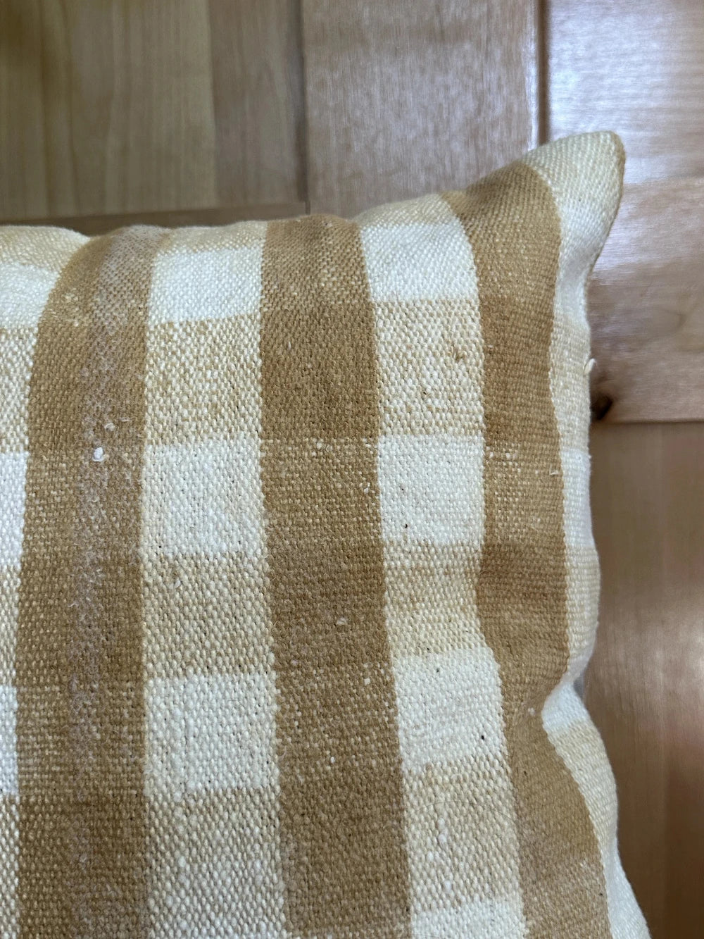 16 by 16 neutral cream and sand turkish throw pillow featuring a plaid pattern