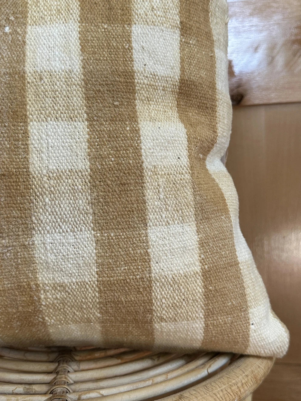 16 by 16 neutral cream and sand turkish throw pillow featuring a plaid pattern