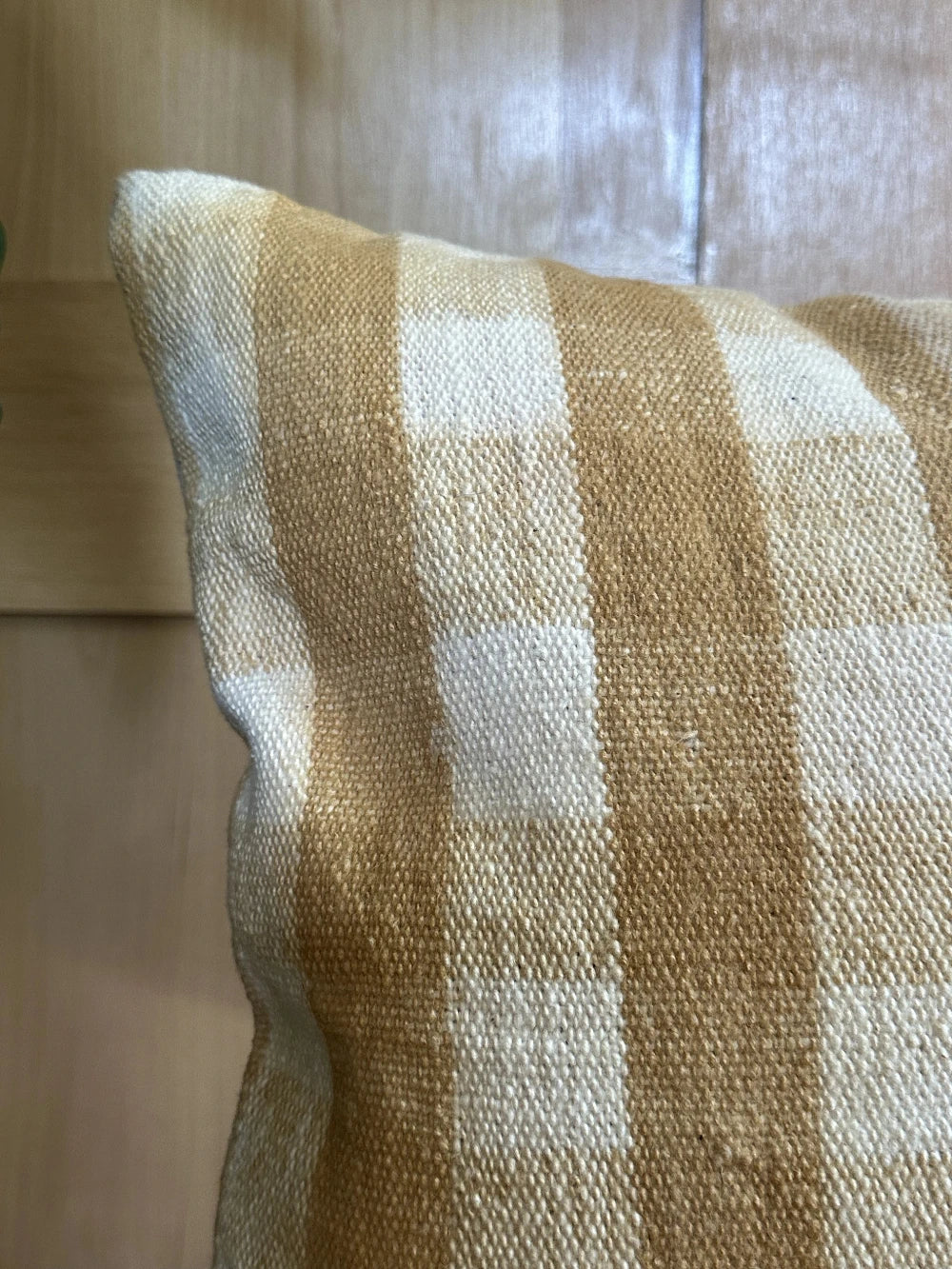 16 by 16 neutral cream and sand turkish throw pillow featuring a plaid pattern