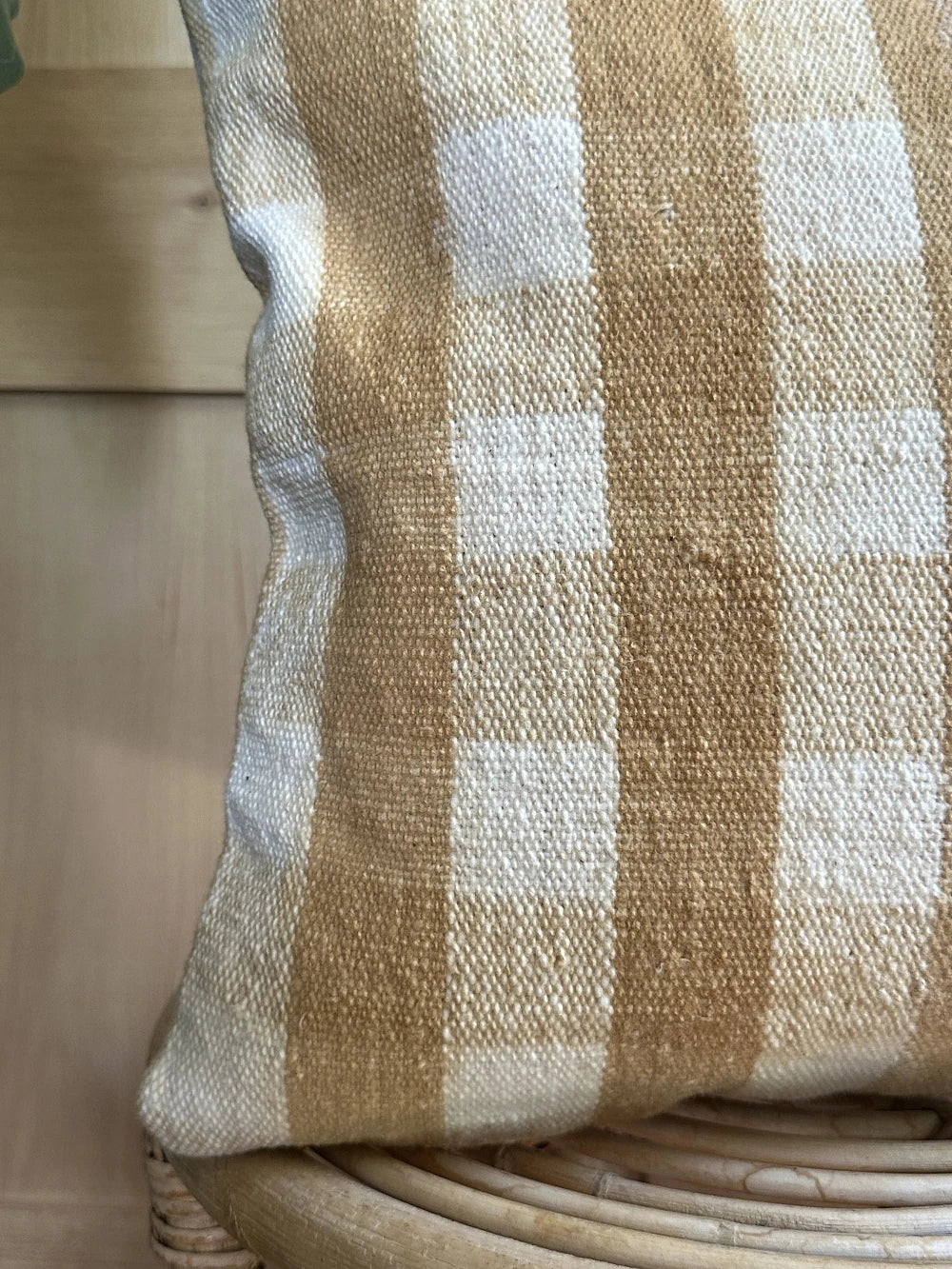 16 by 16 neutral cream and sand turkish throw pillow featuring a plaid pattern