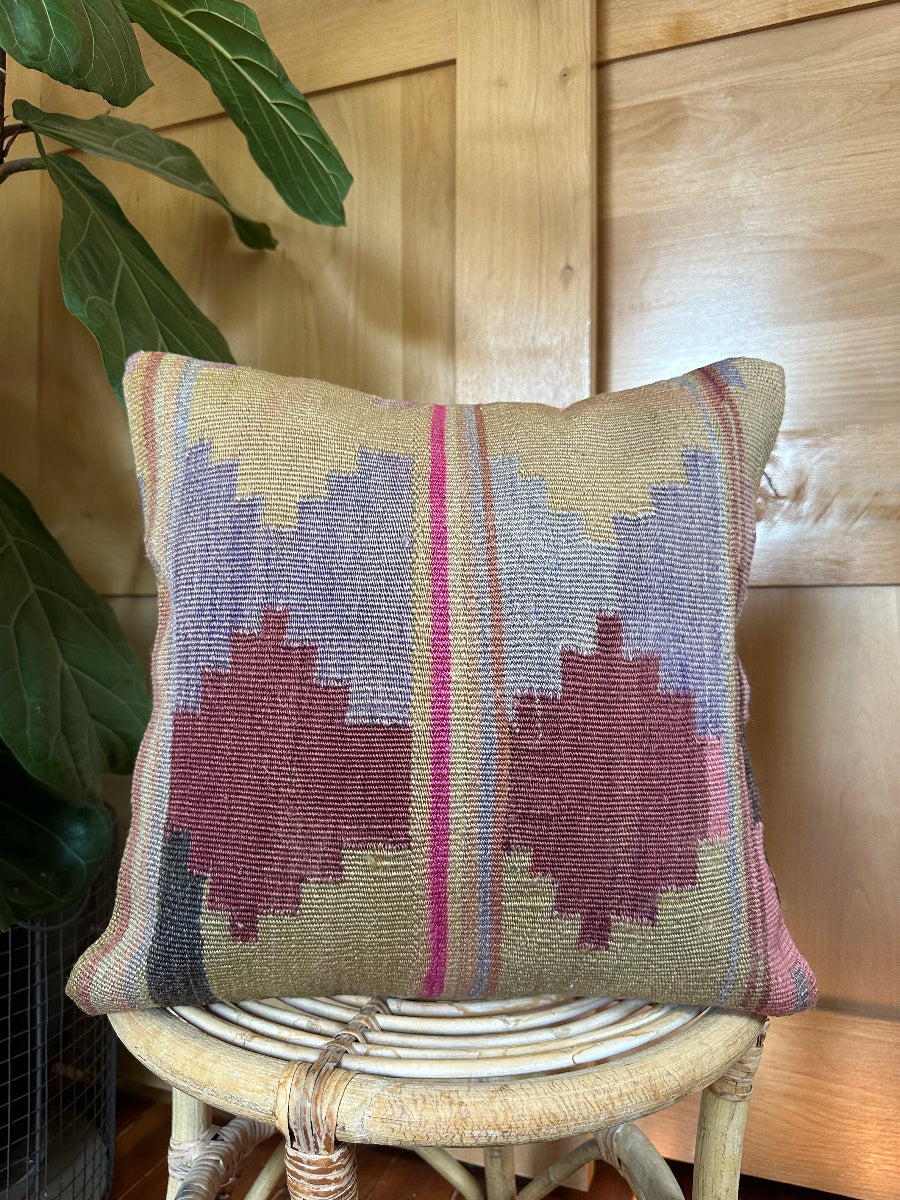 Handwoven purple and maroon Turkish throw pillow, 16x16 inches, wool front with geometric design and pops of fuchsia and sand, cotton backing—boho home decor.