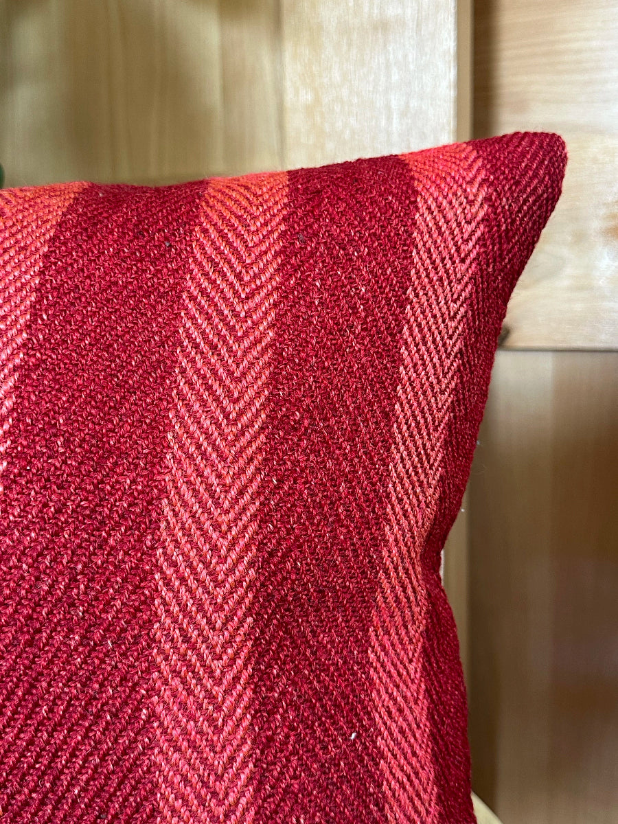 Handwoven red and pink striped Turkish throw pillow, 16x16 inches, wool with cotton backing—boho home decor.