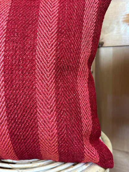 Handwoven red and pink striped Turkish throw pillow, 16x16 inches, wool with cotton backing—boho home decor.