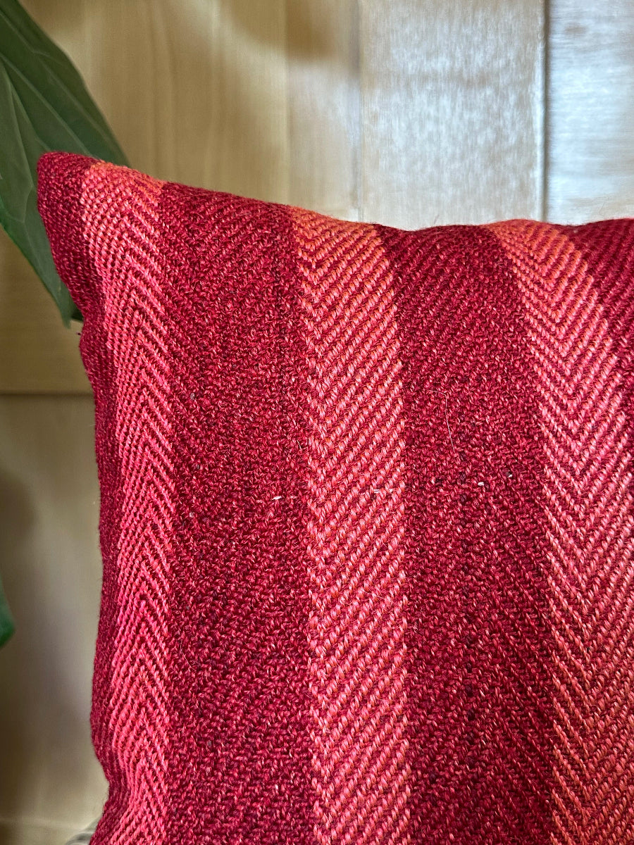 Handwoven red and pink striped Turkish throw pillow, 16x16 inches, wool with cotton backing—boho home decor.