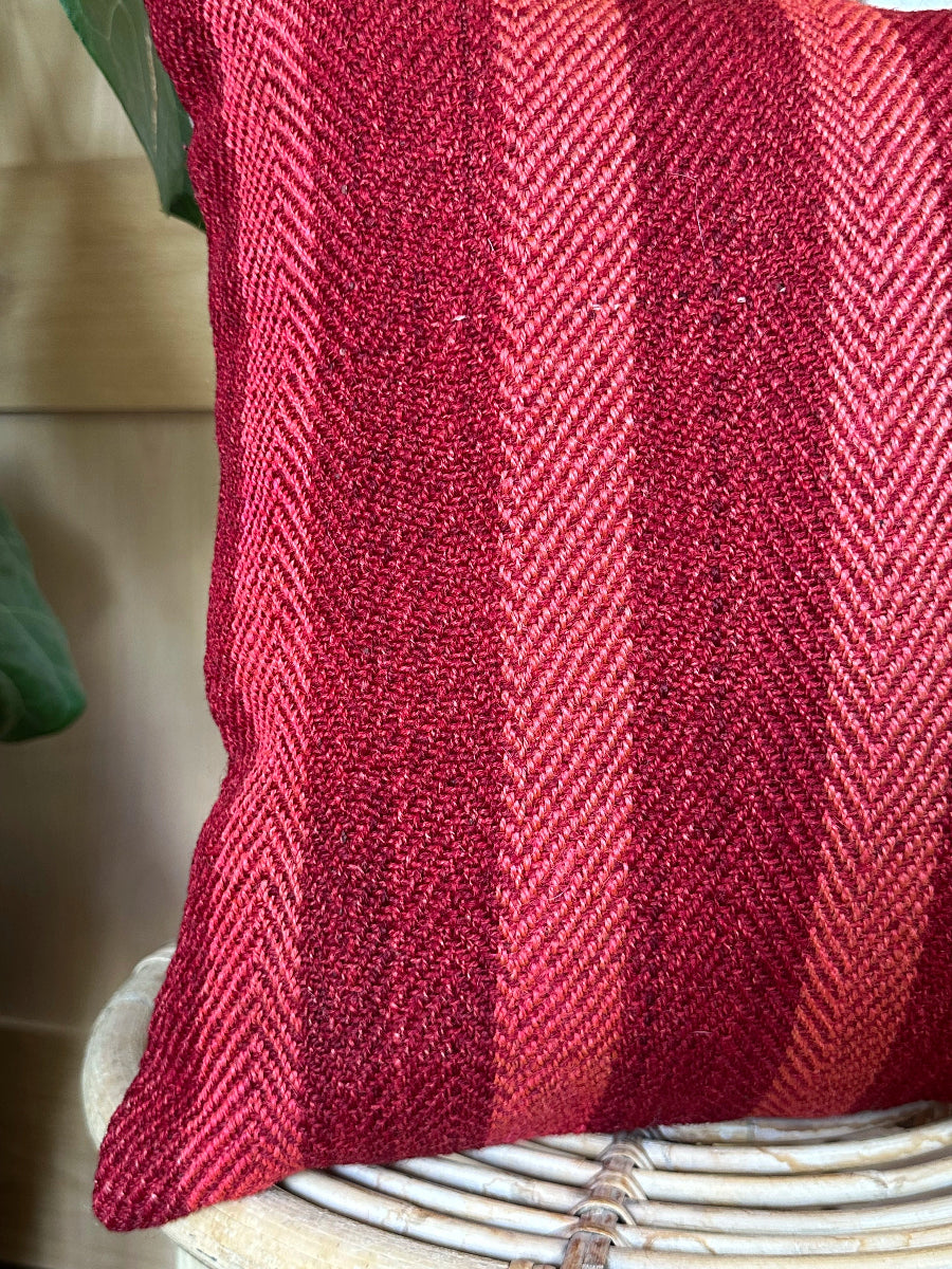 Handwoven red and pink striped Turkish throw pillow, 16x16 inches, wool with cotton backing—boho home decor.