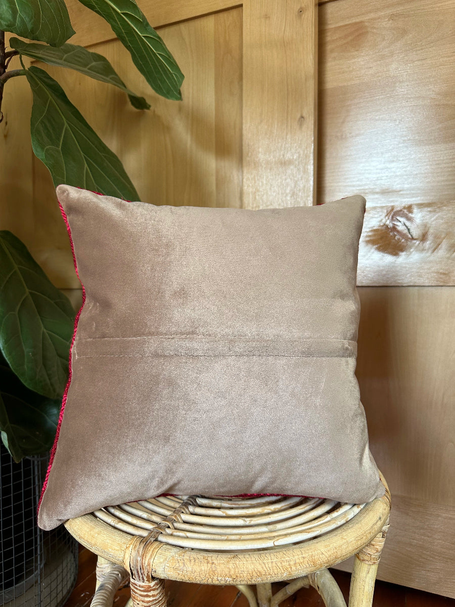 Handwoven red and pink striped Turkish throw pillow, 16x16 inches, wool with cotton backing—boho home decor.