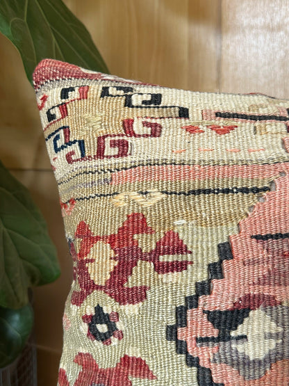 Handwoven vintage Turkish throw pillow, 16x16 inches, wool front with geometric design and pops of navy and maroon, cotton backing—boho home decor.