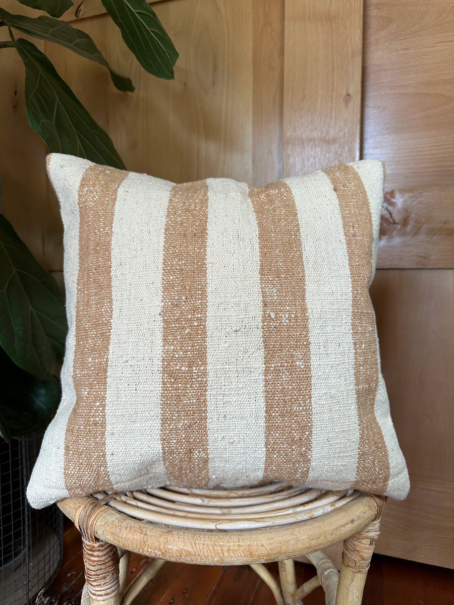 Handwoven white and soft mustard striped Turkish throw pillow, 16x16 inches, wool front, cotton backing—boho home decor.