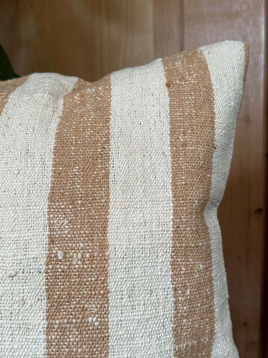 Handwoven white and soft mustard striped Turkish throw pillow, 16x16 inches, wool front, cotton backing—boho home decor.