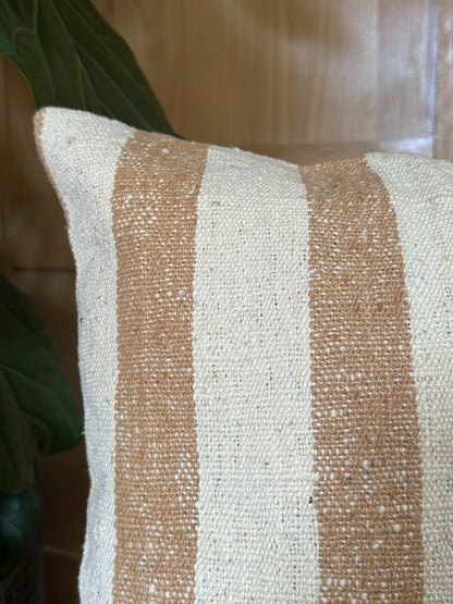 Handwoven white and soft mustard striped Turkish throw pillow, 16x16 inches, wool front, cotton backing—boho home decor.