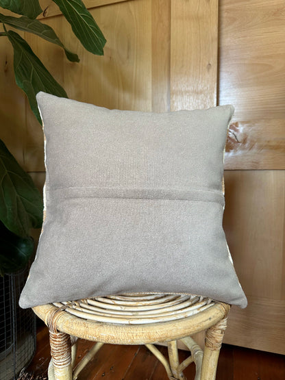 Handwoven white and soft mustard striped Turkish throw pillow, 16x16 inches, wool front, cotton backing—boho home decor.