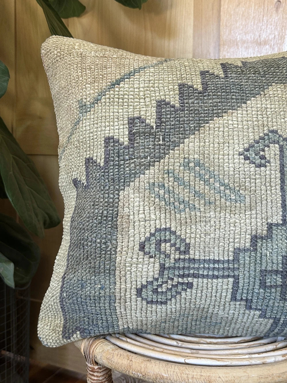 18 by 18 neutral turkish throw pillow with blue geometric design