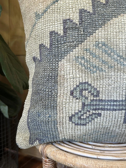 18 by 18 neutral turkish throw pillow with blue geometric design