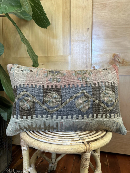 12 x 20 Neutral Turkish Kilim Lumbar Pillow, P-0088