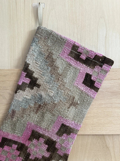 brown and pink handmade Turkish Christmas stocking up-cycled from old Turkish rug fragments