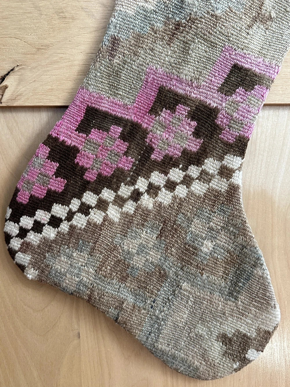 brown and pink handmade Turkish Christmas stocking up-cycled from old Turkish rug fragments