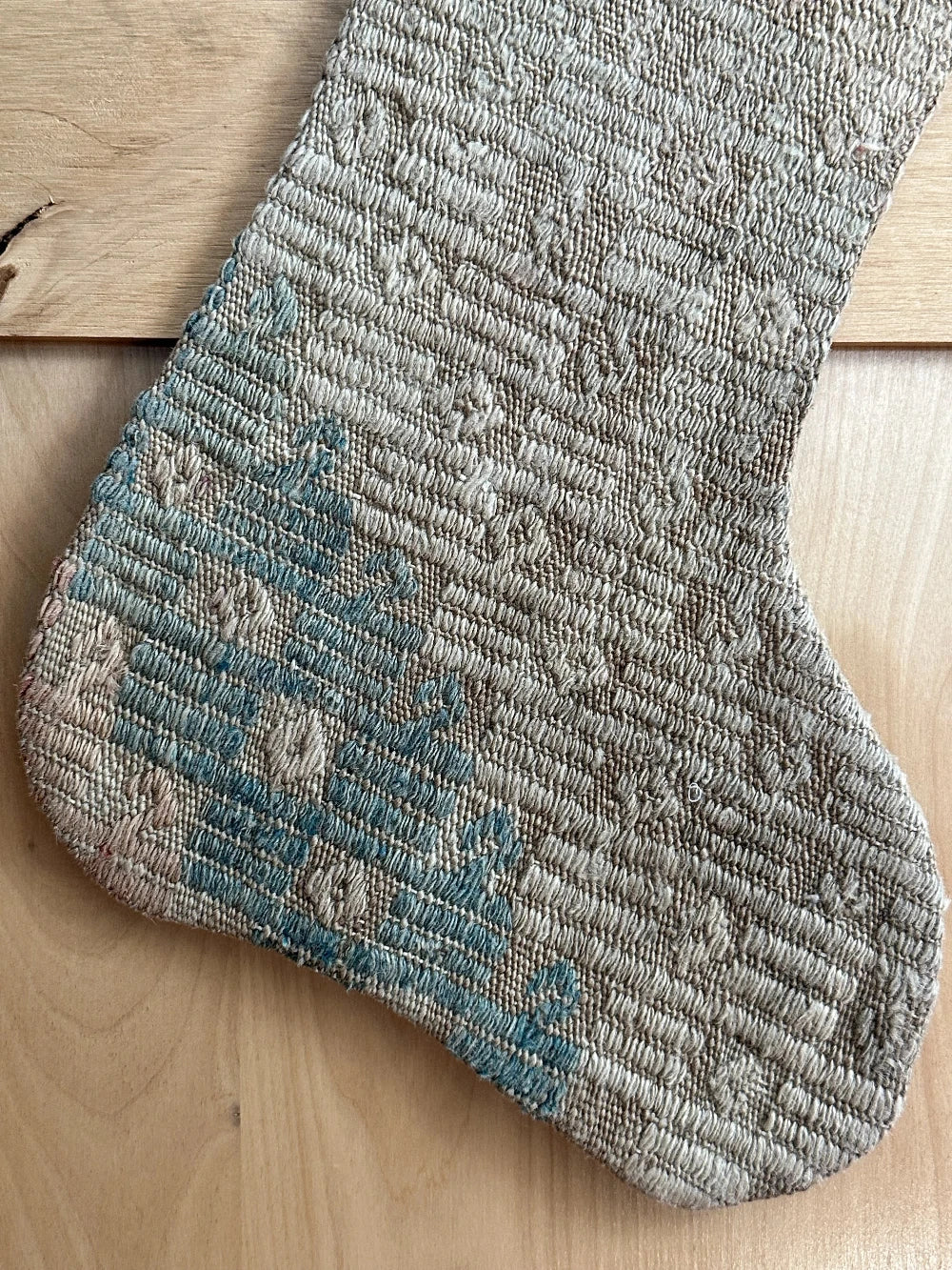 light blue and cream handmade Turkish  Christmas stocking featuring faint embroidered design