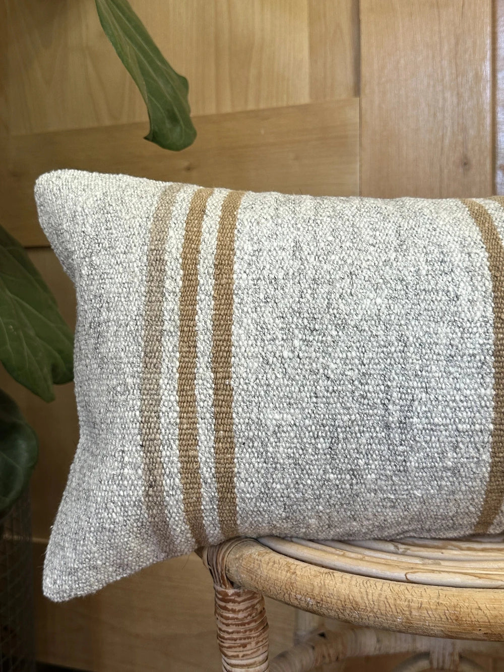 12 by 24 small neutral striped lumbar pillow featuring a striped pattern in three sections