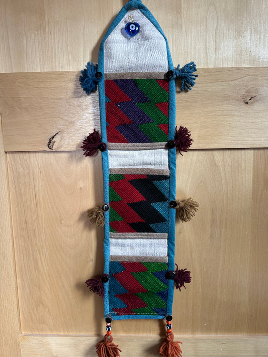 Multicolored Geometric 3-pocket Turkish Wall Organizer with Bright Blue Border